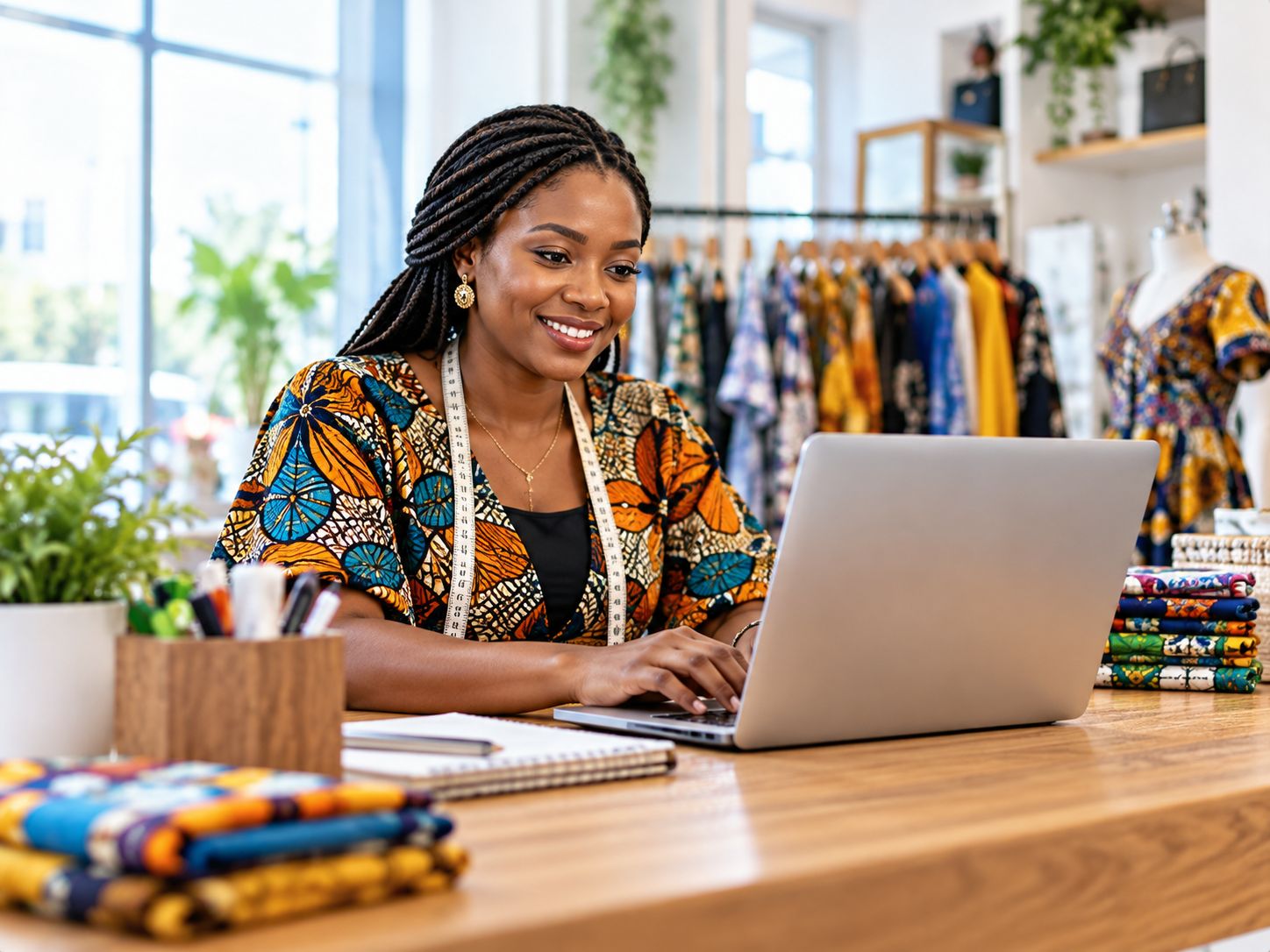 A Nigerian business owner updating her website on a laptop